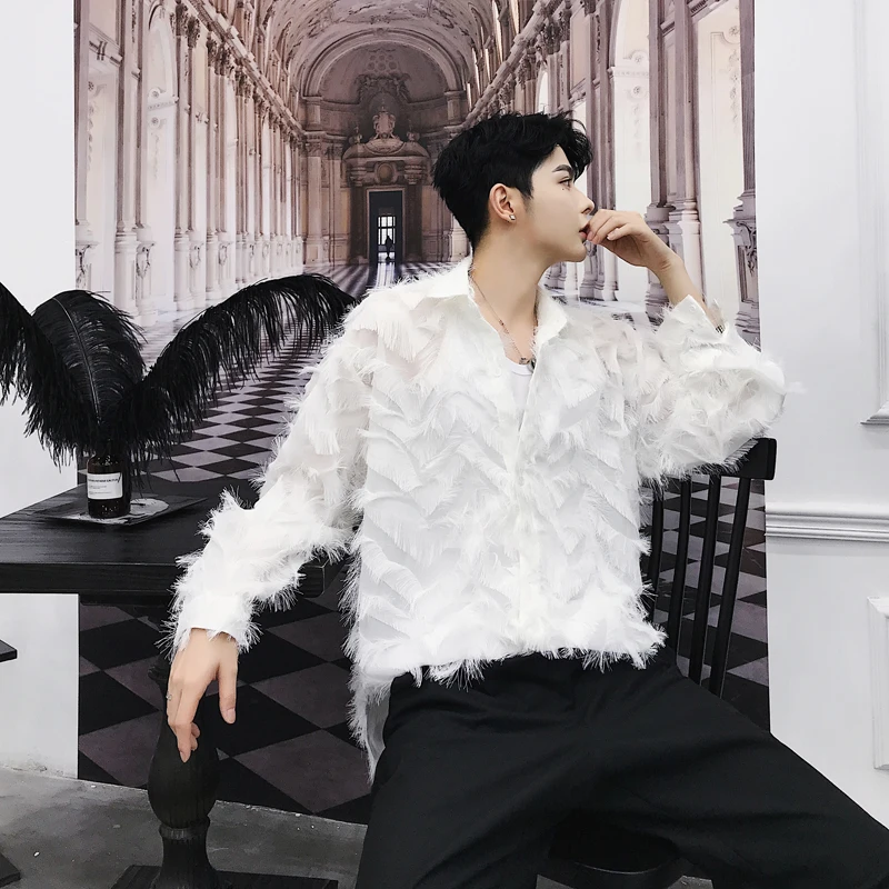 Мужская прозрачная рубашка с перьями свободная сетчатая длинным рукавом