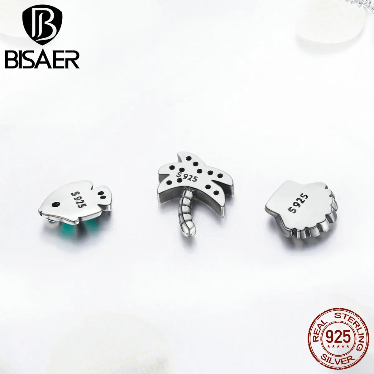 BISAER 925 пробы Серебряная Пальма Морская раковина красочные рыбы тропический рай Petites, смешанные эмалированные Подвески подходят ПАН браслет