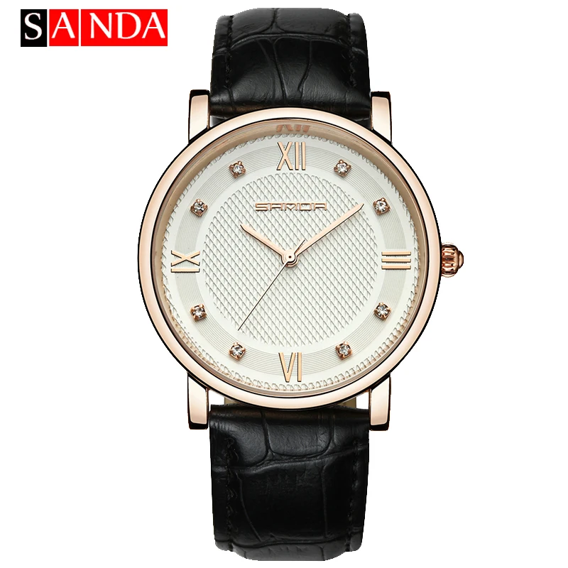SANDA модный кожаный браслет пара часов для мужчин/женщин бриллианты элегантное