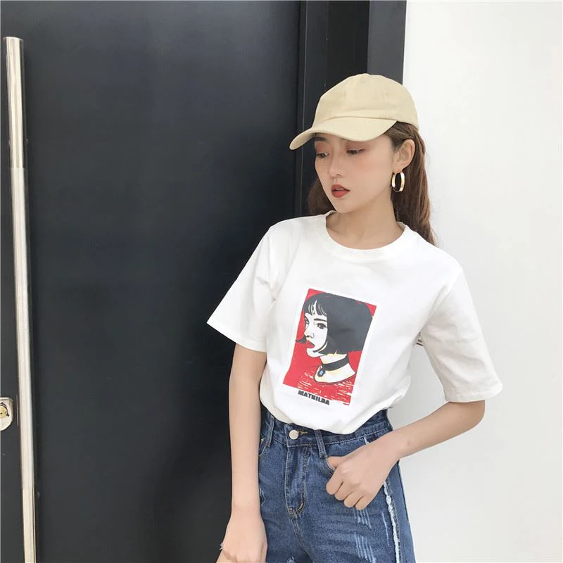 Kawii милый Mathilda Leon Профессиональный Весна и Лето Южная Корея ulzzang Harajuku стиль голова портрет свободная футболка femal