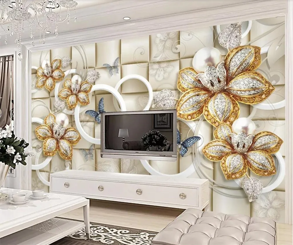 

beibehang Custom wallpaper 3D circle luxurious gorgeous pearl flower soft bag living room stereo TV background wall paper murals