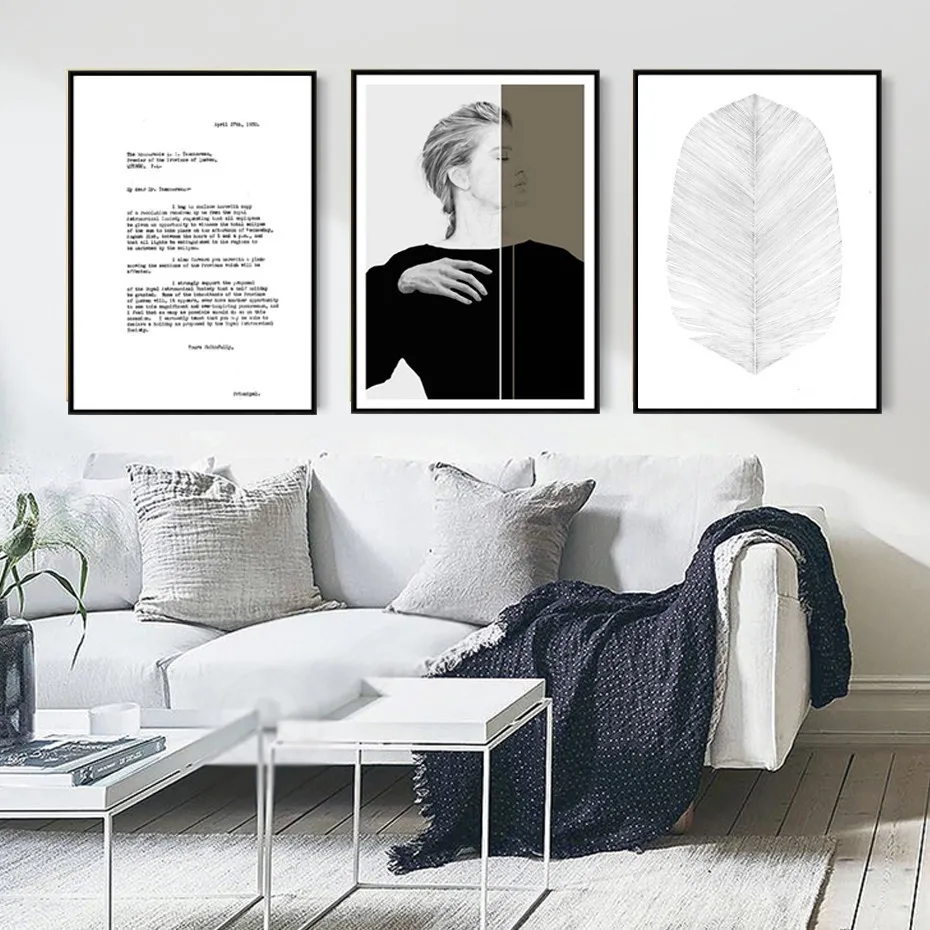 

SURE LIFE Nordic Abstract Leaf Wall Art Pictures Girl Posters Black and White Print Canvas Paintings for Living Room Home Decor