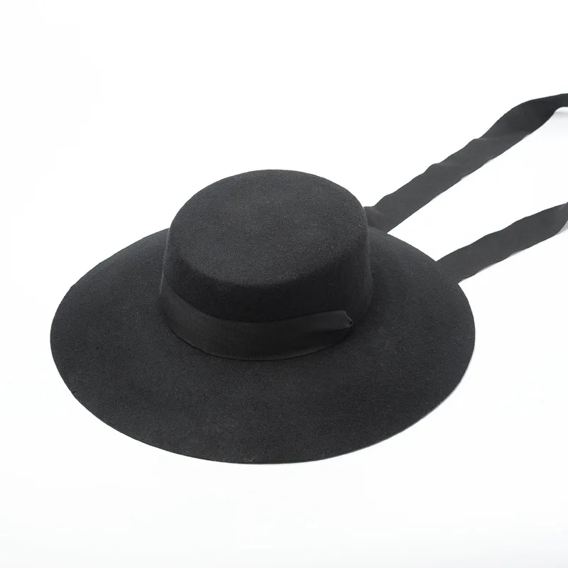 black wool fedoras Женская шерстяная теплая шапка-котелок с плоским круговым верхом, Высококачественная модная шерстяная фетровая шляпа с длинной повязкой, большая шляпа с полями - Цвет: black wool fedoras