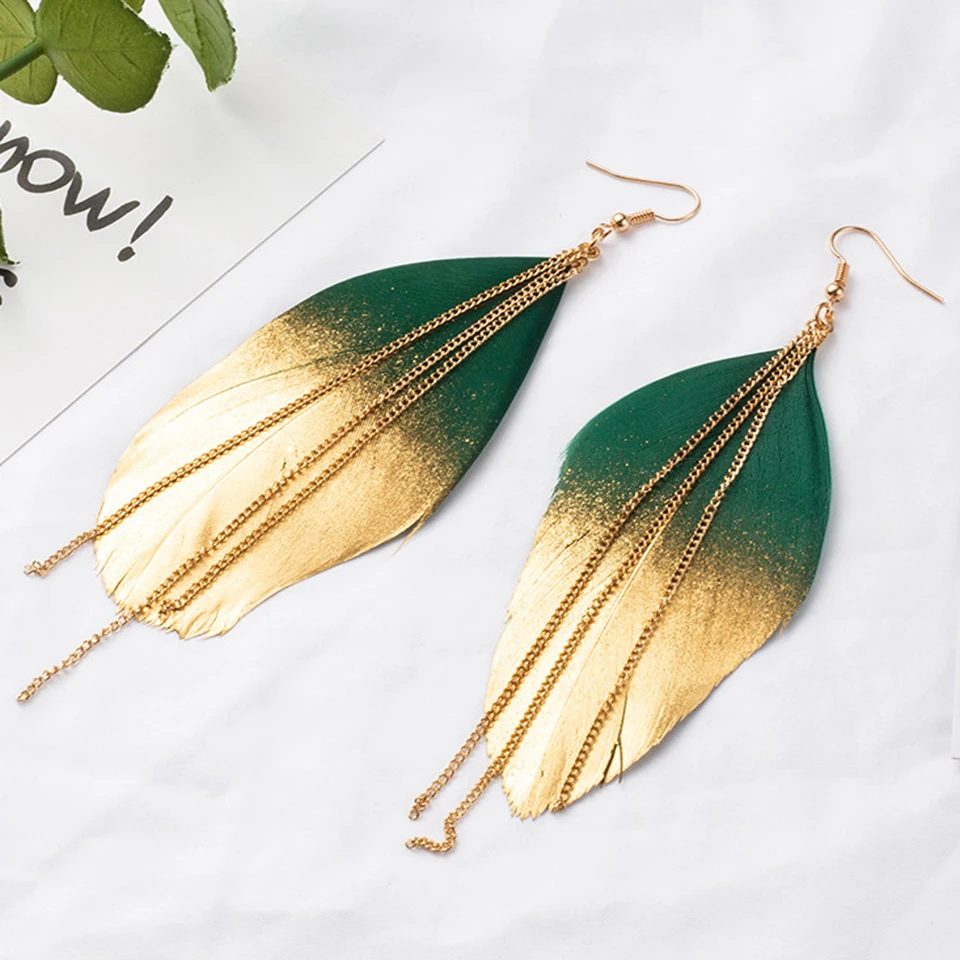 

6 Colors Fashion Jewelry Two fluorescent Double Color Exotic Dangle Eardrop Earring Long Metal Tassel Feather Earrings for Women
