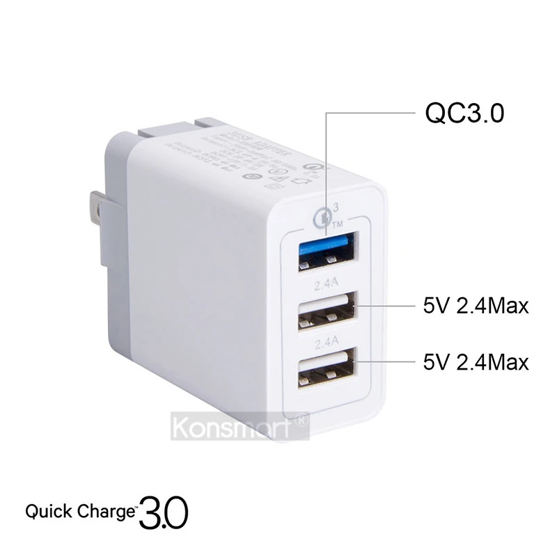 Зарядное устройство KONSMART с 3 USB-портами 30 Вт Quick Charge 0 | Мобильные телефоны и