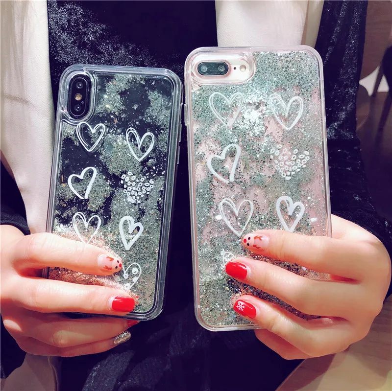 Сердце рисунком блеск Динамические Liquid зыбучие пески телефон чехлы для iPhone X 8