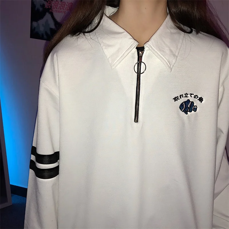 2019 корейская Ретро японская нашивка в форме рыбы вышивка молния Футболка Harajuku