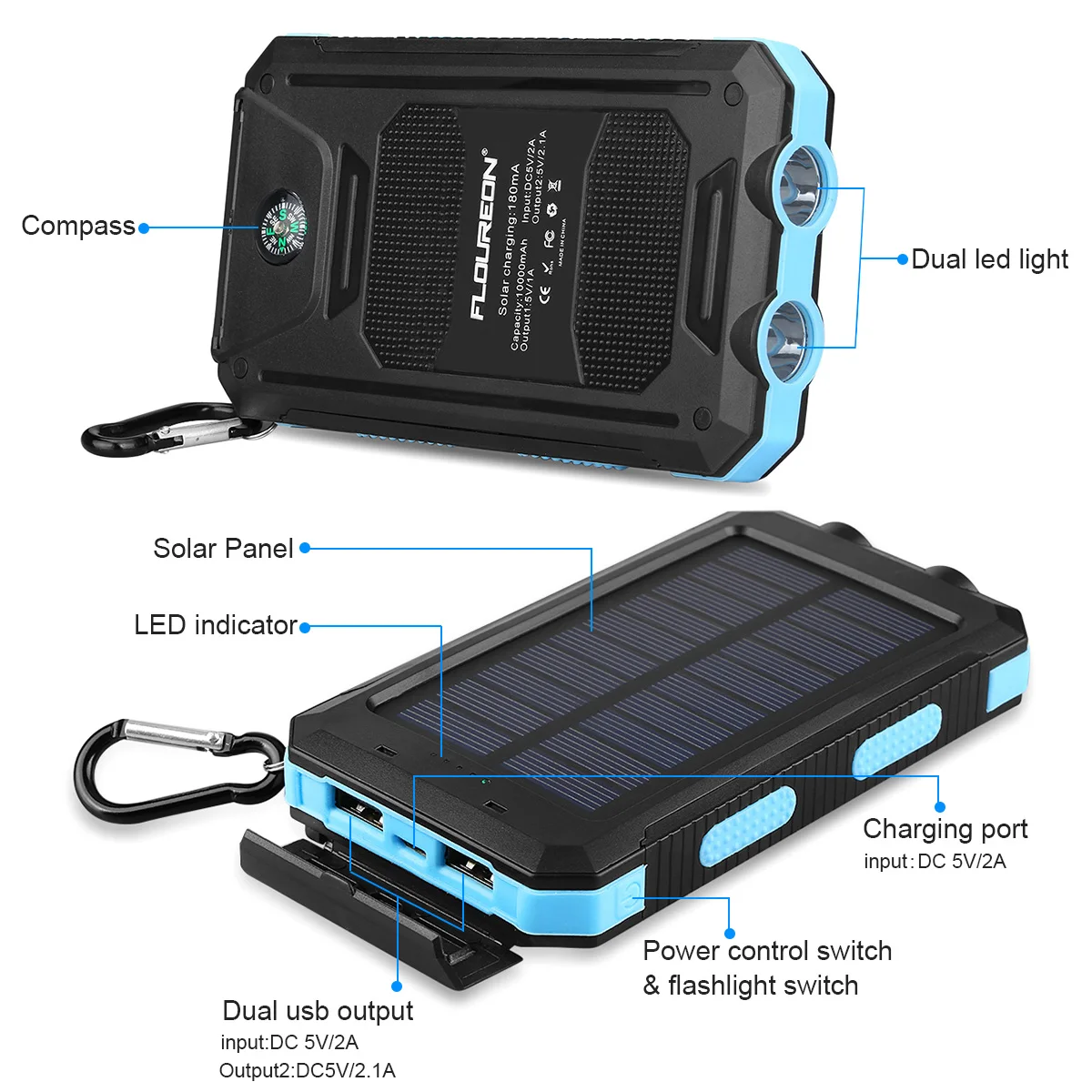 Floureon 10000mAh солнечная панель водонепроницаемый внешний аккумулятор двойной USB