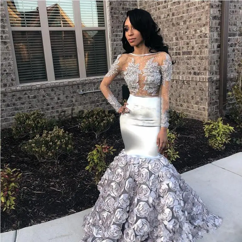 Серебряный африканских Русалка вечернее платье 2019 Новая Роза юбка с цветочным