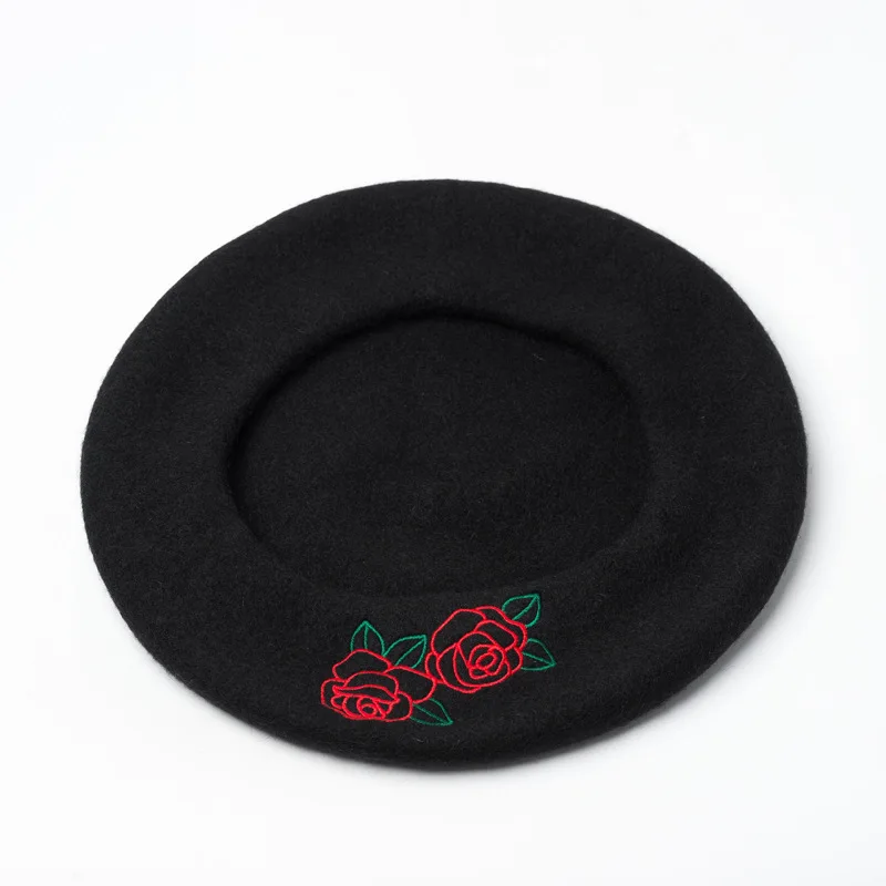 

Autumn winter new ladies flower embroidery wool beret painter hat ladies fashion warm berets hat Female Bonnet Hats Solid Color