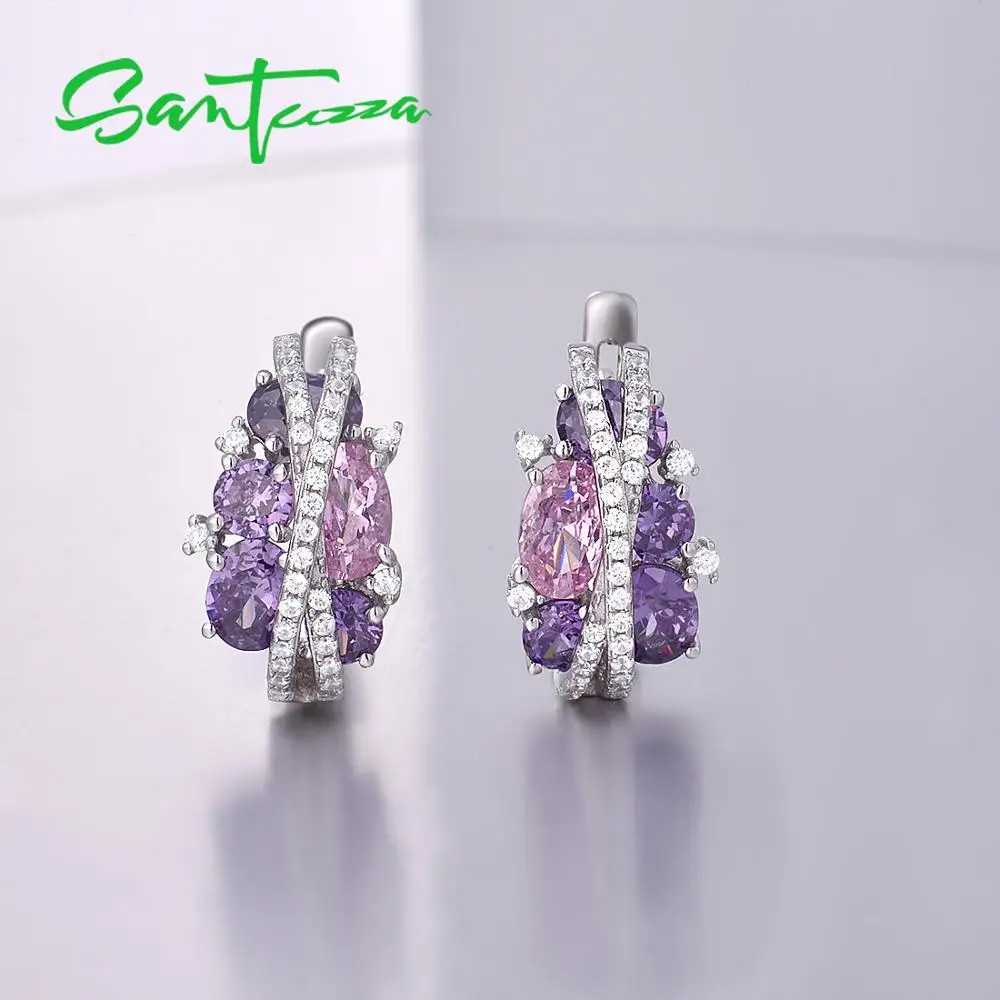 SANTUZZA, серебро 925, набор украшений для женщин, Сверкающий Фиолетовый аметист, розовый кубический цирконий, серьги, набор колец, роскошные ювелирные изделия
