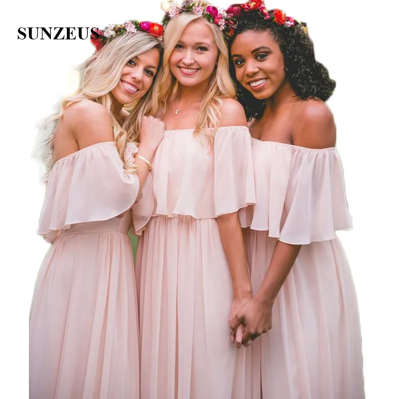 

A-Line Chiffon Bridesmaid Dresses Strapless Pink Wedding Guest Dresses Open Back Prom Dresses robe mousseline SBD24