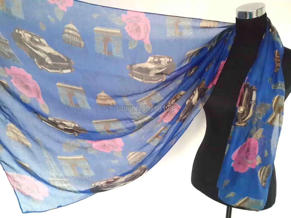 Сувенир Париж здания автомобиля Цветы Печать Шарф Шаль Обертывание шарфы