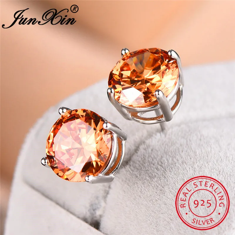Champagne Earrings JUNXIN Настоящее Серебро s925 пробы круглые серьги-гвоздики для женщин мужчин черный зеленый синий желтый розовый фиолетовый циркон серьги «Радуга» - Окраска металла: Champagne Earrings