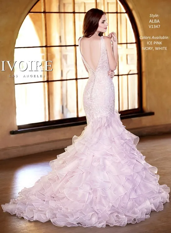Elegant Sexy V-Neck Lace Top Backless Bridal Gown New Elie saab wedding dress 2015 Mermaid Plus Size Light Pink Wedding Dresses | Свадьбы и