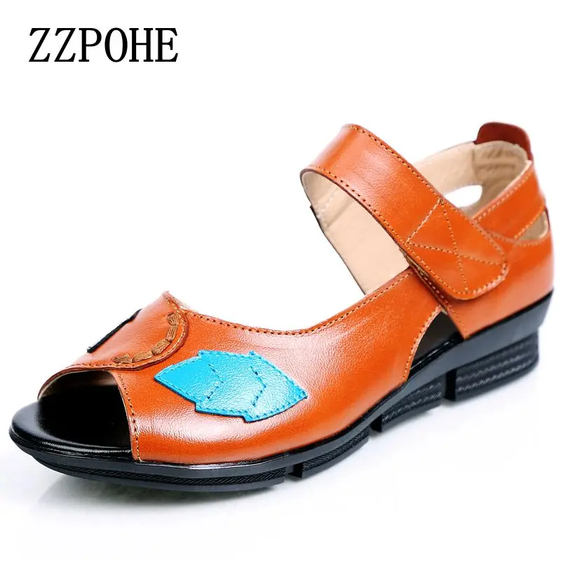 

ZZPOHE New summer leather comfortable mother sandals fish mouth soft bottom comfortable ladies sandals Woman flat sandals