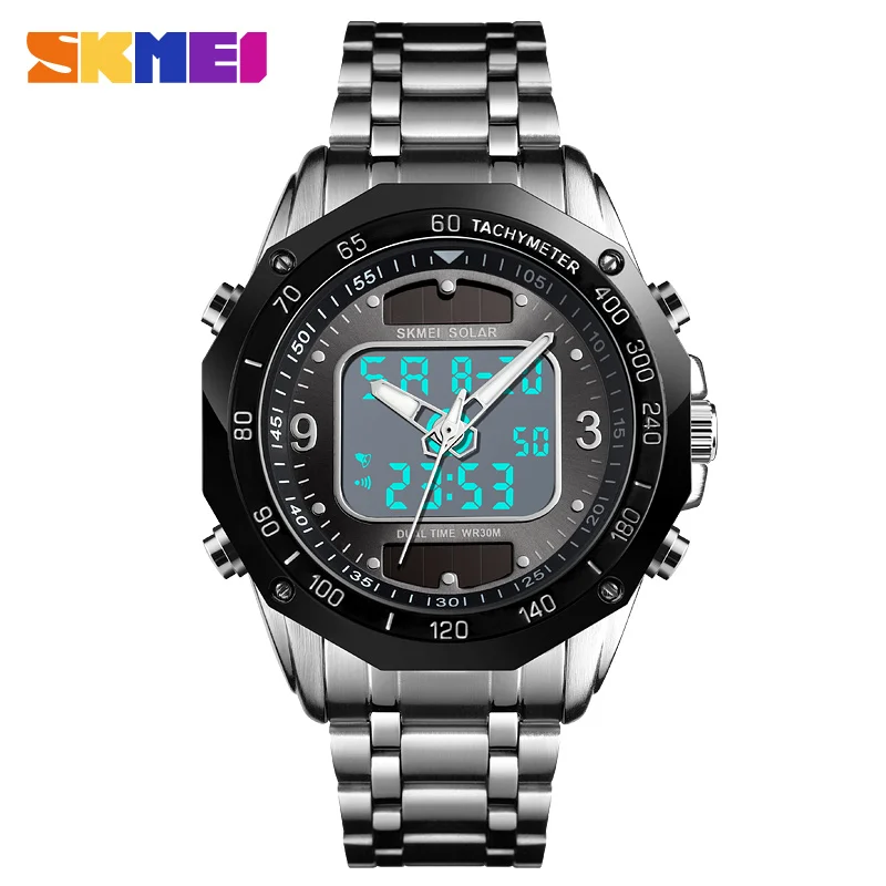 Silver Black Солнечные мужские военные спортивные часы мужские Цифровые кварцевые часы полностью стальные водонепроницаемые наручные часы relojes hombre SKMEI - Цвет: Silver Black