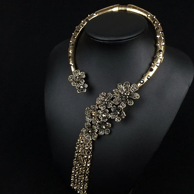 Vintage Ethnic Necklace Women Gold Opening Choker Tribal Female CZ Rhinestone Flower Long Tassel Big Statement | Украшения и