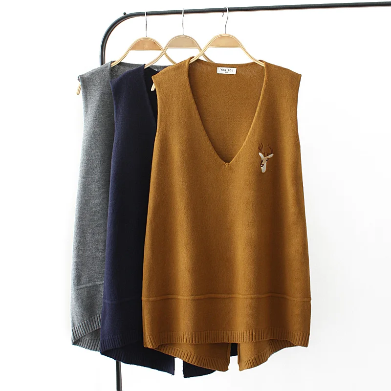 Plus size spring vest sleeveless sweaters 2018 dark blue gray Khaki Embroidered knitted V neck wool female top wear Pullovers | Женская