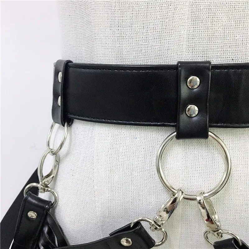 Summer Goth Black Leather 2 Piece Sets Multilayer Link Chain Bra Harness Long Tassel Garters Belts Clubwear Sexy Matching | Женская