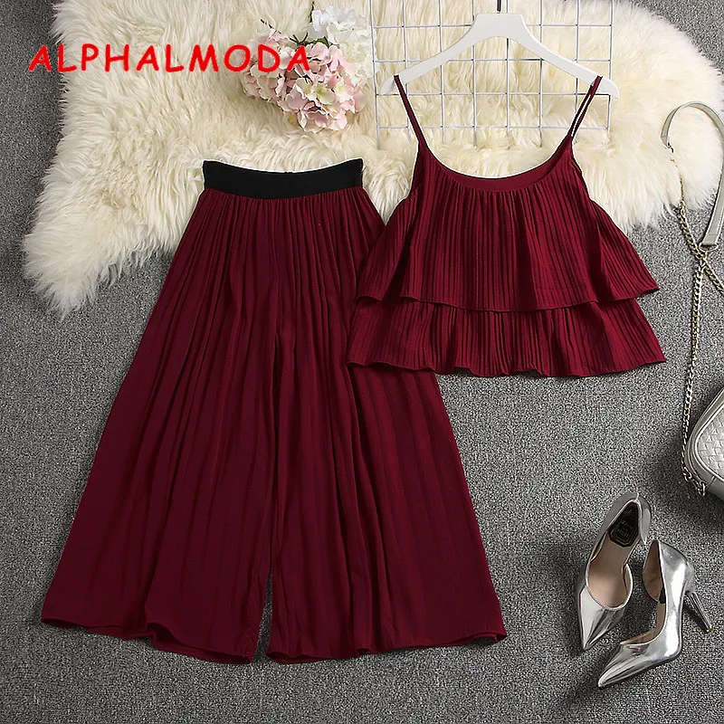 ALPHALMODA, летний женский плиссированный топ на бретельках+ штаны до середины икры, 2 шт., повседневный комплект, Одноцветный Женский комплект из 2 предметов, широкие брюки