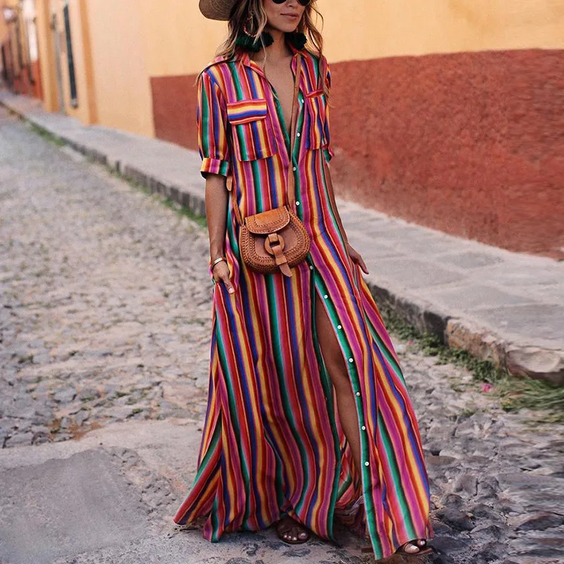 Попробуйте все длинное платье в полоску женское платье-рубашка 2019 Радужное