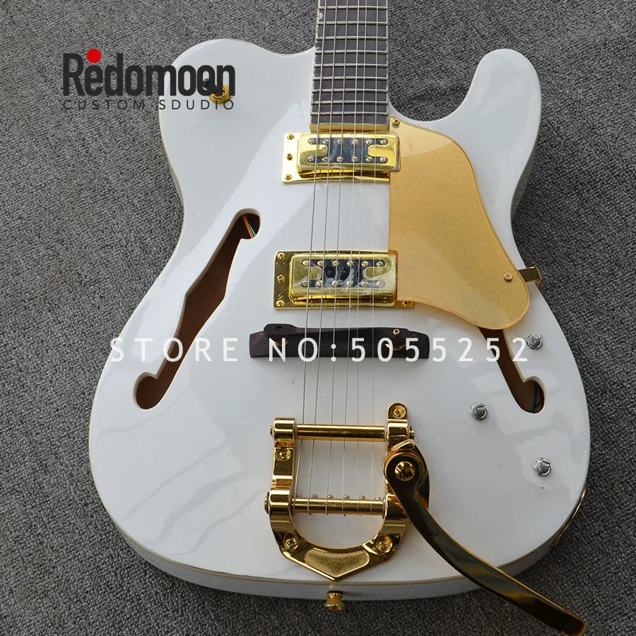 Заводская электрогитара Tele с полым корпусом белый цвет золотые детали гитарный клен гриф музыкальный инструмент магазин