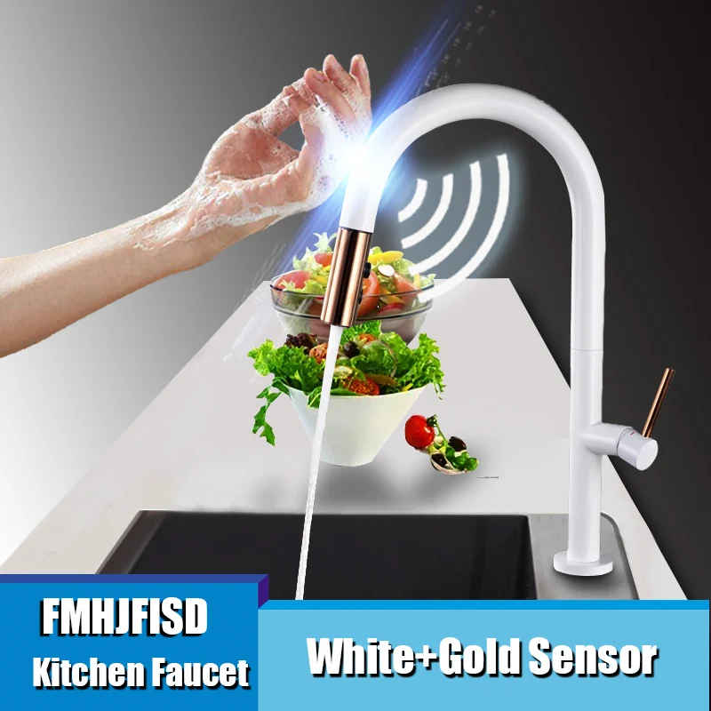 White Sensor FMHJFISD кухонный кран Черный Белый Выдвижной вращающийся поток спрей смеситель кран горячий холодный кран на бортике кран - Цвет: White Sensor