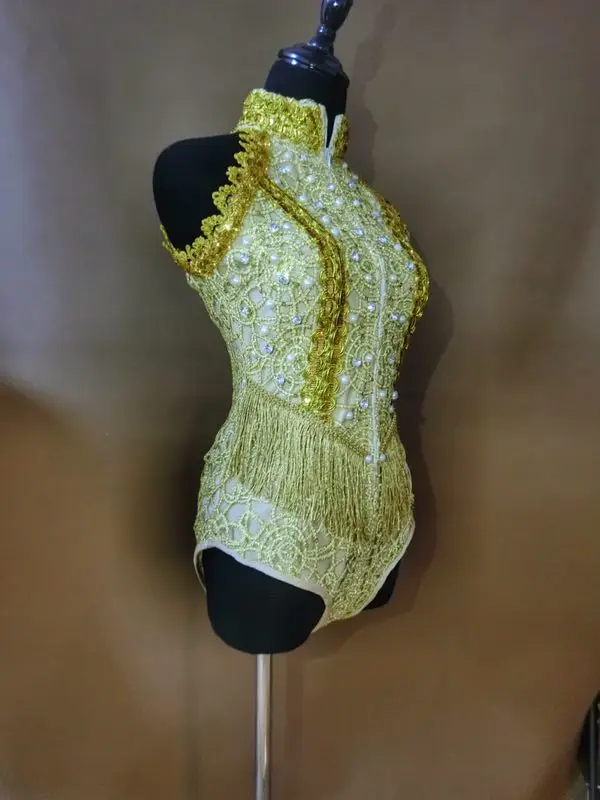 Sexy Sleeveless Gold White Tassels Bodysuit Female Dance Team DS Costume Nightclub DJ Singer Jazz Performance Stage Wear Catsuit