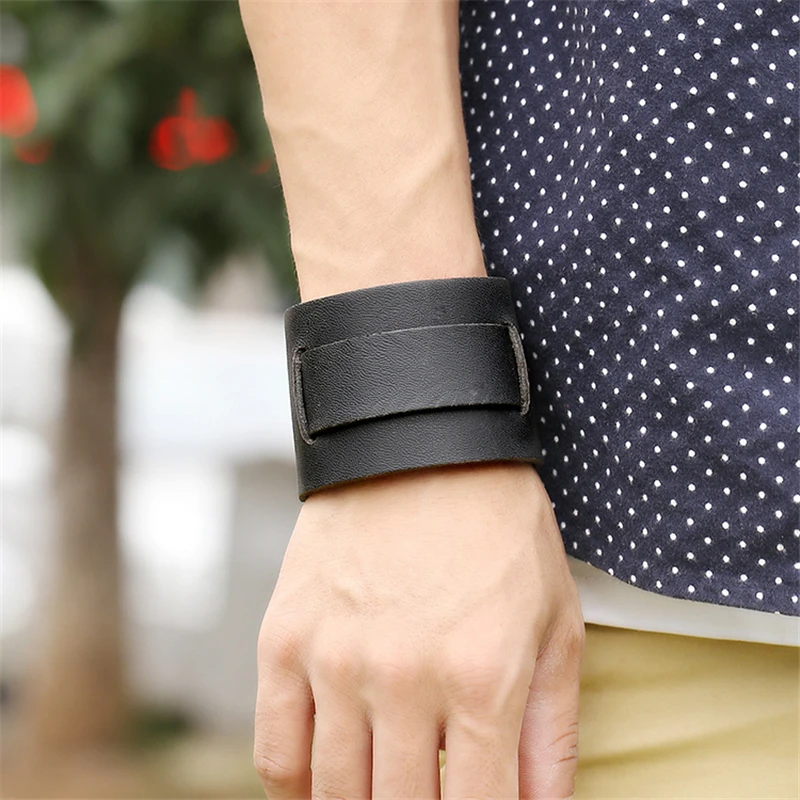 

New Handmade Casual Retro Brown Black Wide Wrap Pin Buckle Charm Male Punk Genuine Leather Bracelets Men Bangle Jewelry
