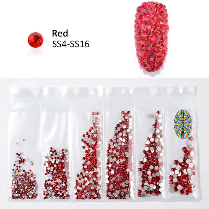 08 Red 1 упаковка, смешанные SS4-SS16 Стразы для ногтей, цветные кристаллы AB, стеклянные камни без горячей фиксации, стразы с плоской задней поверхностью, блестящие украшения для ногтей - Цвет: 08 Red