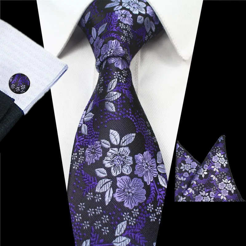 

Ties for Men Purple Flower Classic Jacquard Woven Tie Hanky Cufflinks Set for Business Wedding Party
