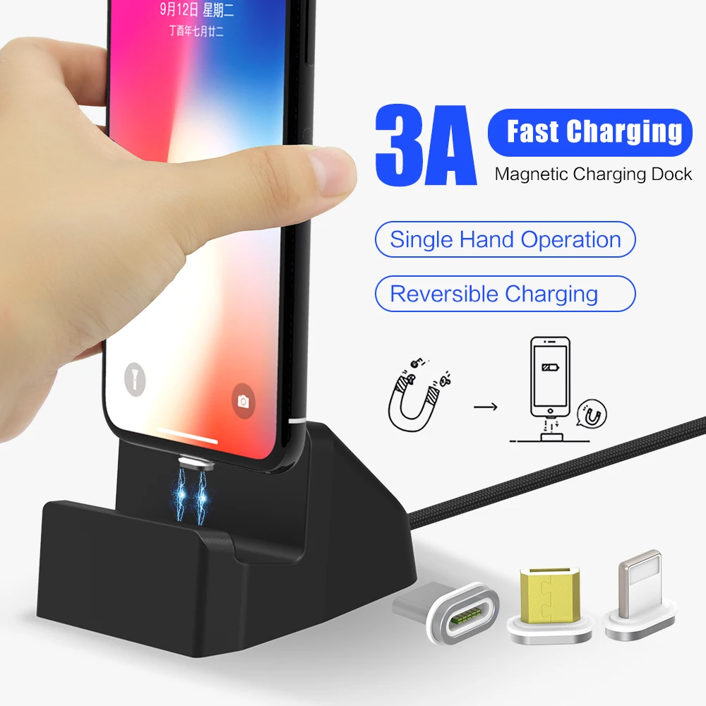 SIKAI 3 в 1 USB C Android IOS Магнитная зарядная док-станция USB кабель для iPhone X samsung huawei 3A Магнитная подставка для быстрой зарядки