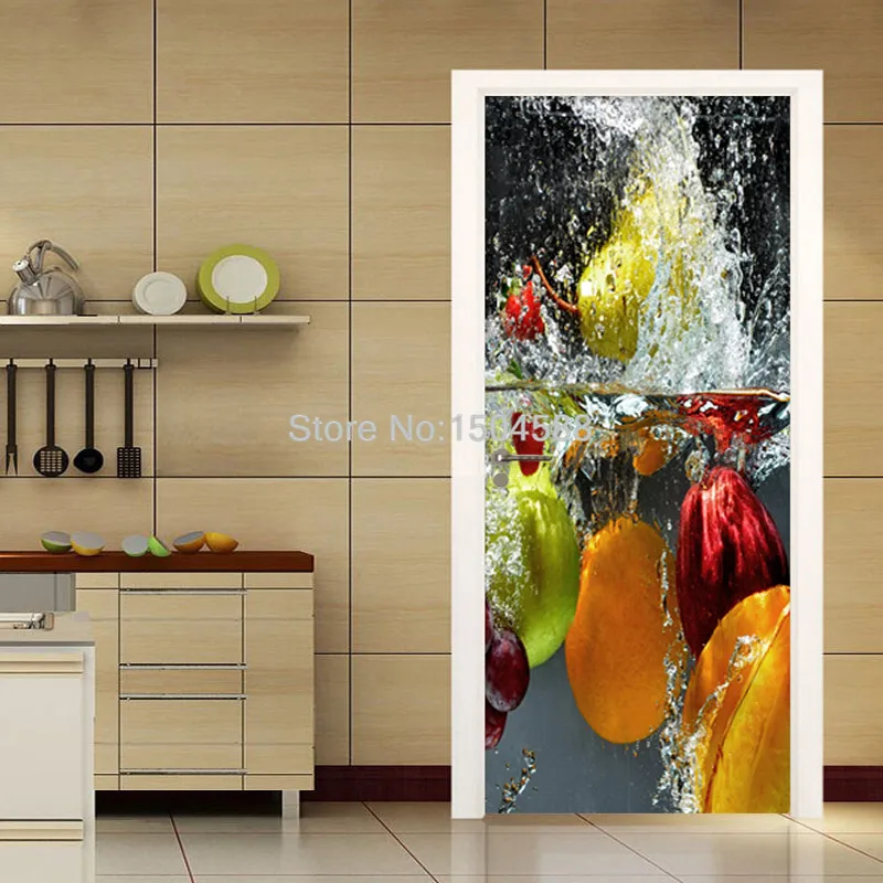 PVC Self-Adhesive Door Sticker 3D Stereo Fruit Wallpaper Kitchen Restaurant Waterproof Wall Door Sticker 3D Murals Home Poster