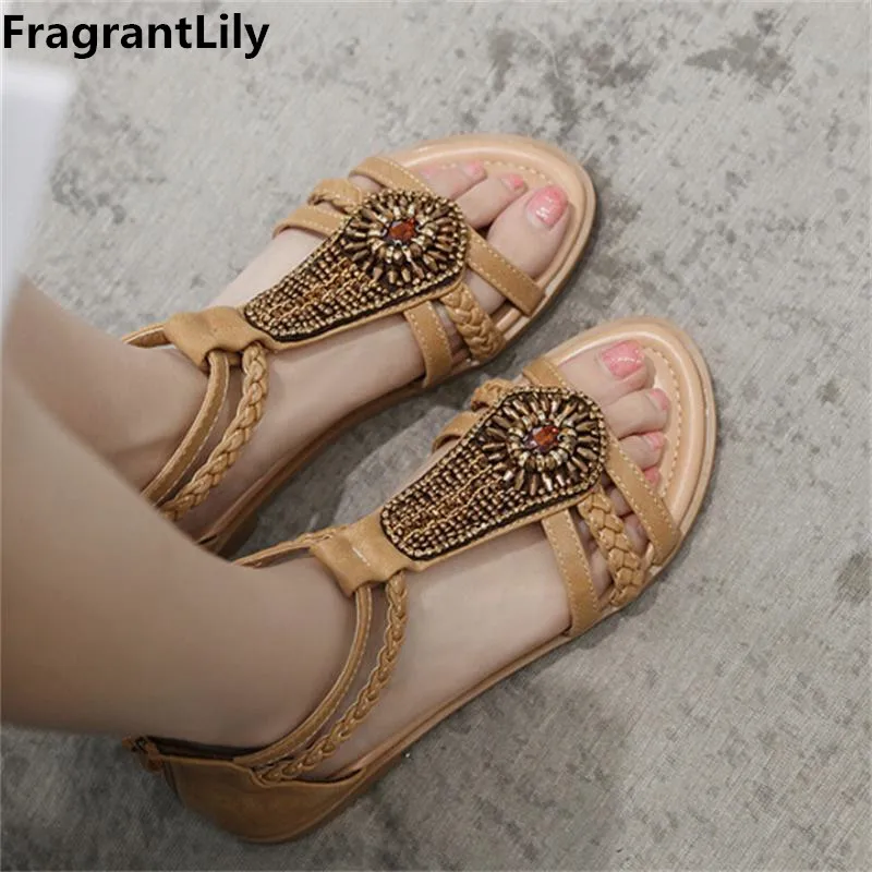 FragrantLily 2019 Ретро Rhinestone Для женщин сандалии на плоской подошве летняя Национальный
