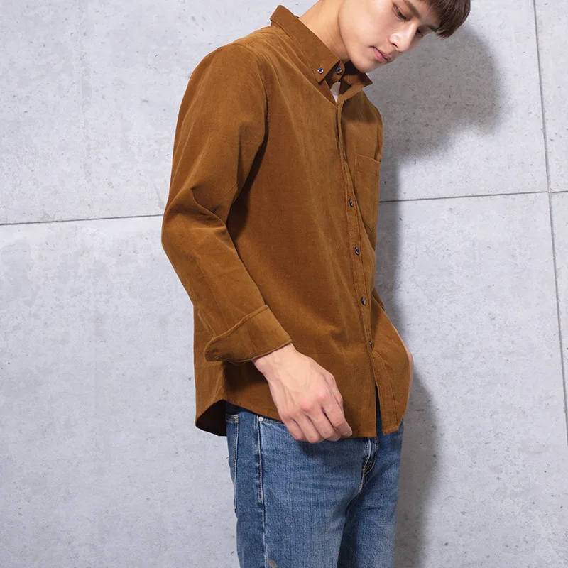 Мужские рубашки с длинными рукавами и квадратным воротником вельветовые