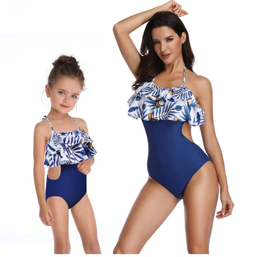 Мама-ребенок Купальник 2019 Женский Девочки Цветочная Печать Оборка Пляжная Одежда Без спины Купальный костюм бикини Новый.