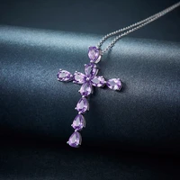 silver 925 necklaces for women purple crystal cross pendant necklace wedding collier femme 18inch chains gifts for friend
