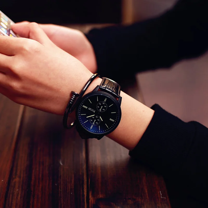 Синий Стекло Зеркало большой циферблат часы для мужчин черный белый цвет кожа