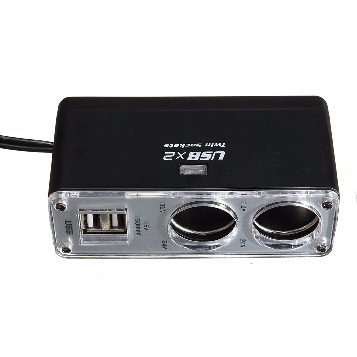 USB 2 порта 2 пути Автомобильный адаптер питания прикуриватель гнездо разветвитель адаптер зарядное устройство DC 12~ 24 В прикуриватель гнездо черный - Название цвета: Черный