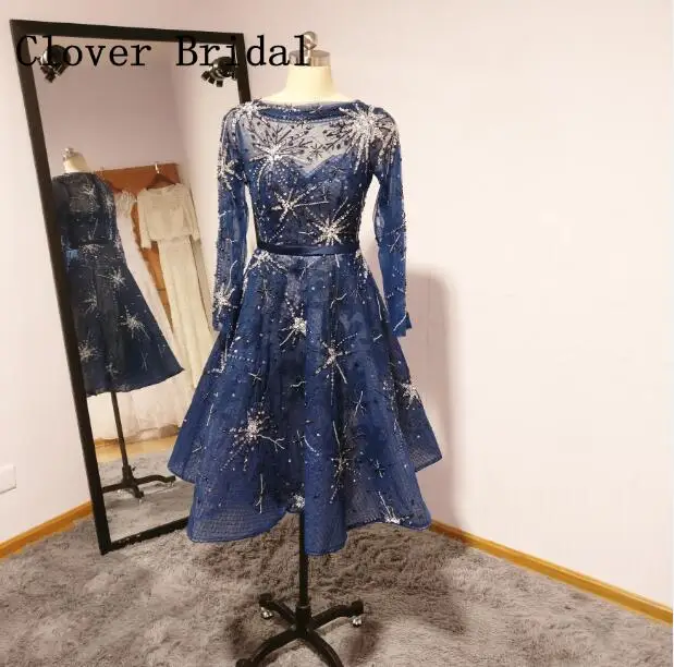 

Navy Blue Evening Dresses Shining Crystal Beaded Pretty Tulle Lace Short Evening Dresses Robe De Soiree Formal Gown