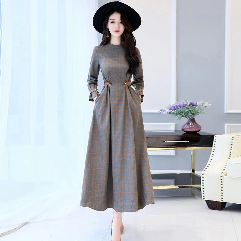 Длинное платье с круглым вырезом и узором в клетку осень 2020|big dress|fashion long dresslong dress |