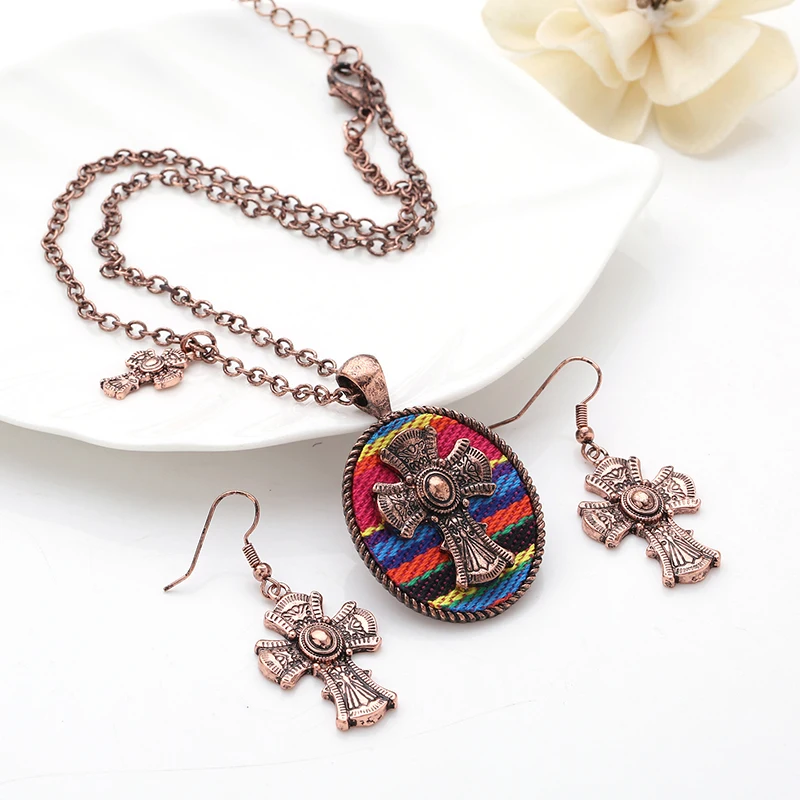 

Boho cross alloy necklace sets Men Women Antique copper Plated Cross Pendant NecklaceGray African Bohemia neck Jewelry necklace
