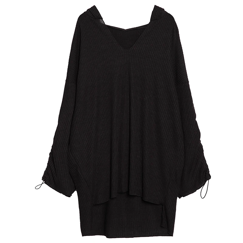black sweater CHICEVER осенний свитер для женщин с капюшоном V образным вырезом и длинным рукавом Повседневный свободный негабаритный вязаный пуловер Топы Женская мода - Цвет: black sweater