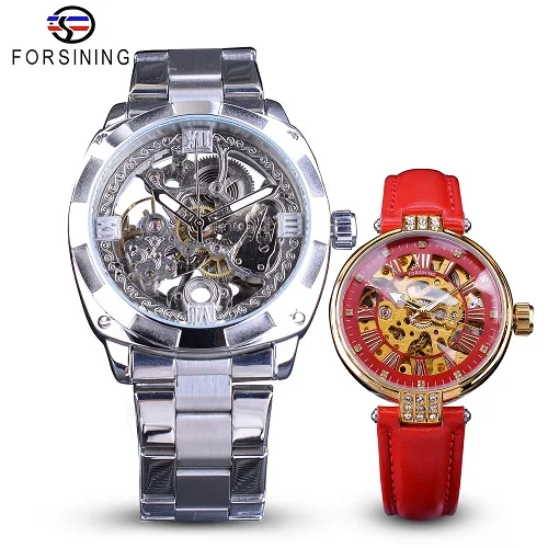 2pcs Couple Watches Forsining пара часов набор сочетание для мужчин серебро автоматические часы сталь/Леди Красный Скелет кожа механические наручные часы подарок - Цвет: 2pcs Couple Watches