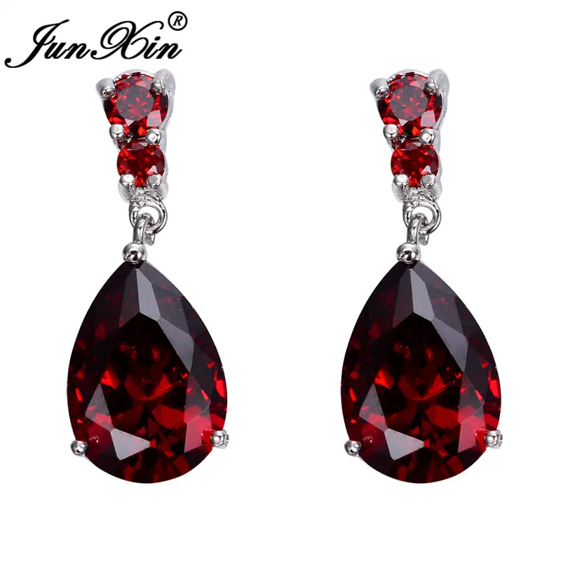 

JUNXIN Pink/Green/Purple/Red/Blue/Black Earrings Elegant Tear Drop Earrings Shape AAA Zircon Long Dangle Earrings For Women