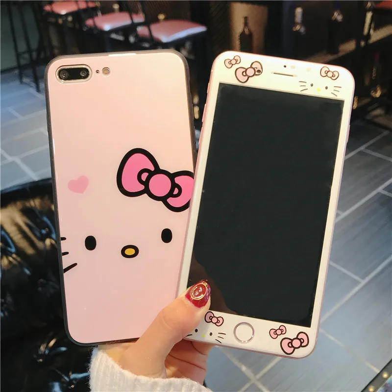 Для iphone 8/7 plus стеклянный чехол розовый рисунок Hello Kitty закаленное стекло + крышка