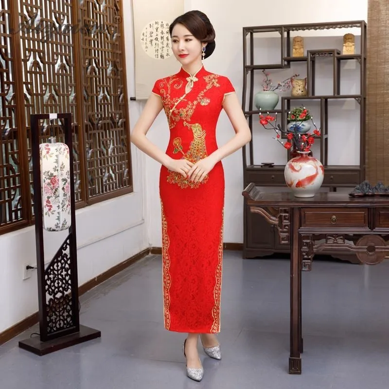 

Spring New Fashion Red Lace Cheongsam Long Evening Dresses Chinoise Vintage Gown Qi Pao Women Traditional Chinese Clothing Dress