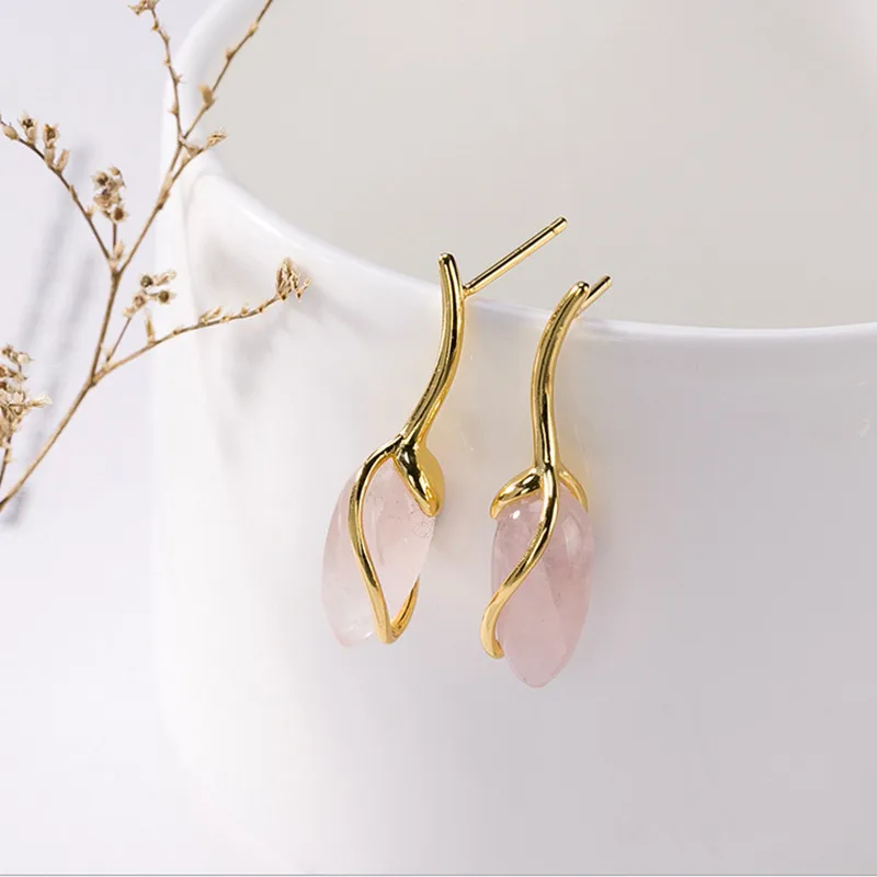 Pink crystal Серьги в виде цветка орхидеи из настоящего серебра S925 пробы, натуральный зеленый цвет, флюоритовые серьги, розовая клубника, кварцевые ювелирные изделия, Brincos - Цвет камня: Pink crystal