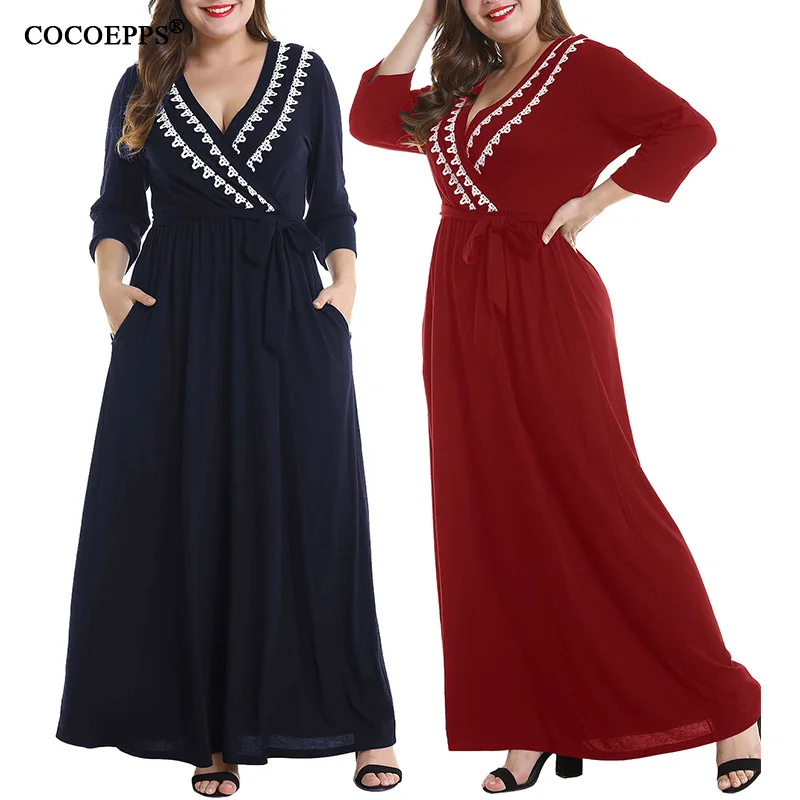 

V-neck Evening Party Maxi Dress XL-4XL Big Size Women Winter Dress Casual Loose Plus Size Dress Red Sexy Long Dress Lace vestido